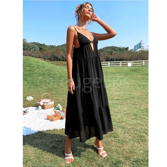Plunging V Neck Black Maxi Dress Loose Fitting Flared Cami Straps - Picture 13 of 16